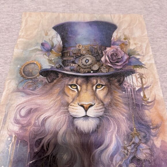 Steampunk Lion Graphic Tee 2XL Gray Fantasy Art Top Hat Roses - Picture 15 of 16